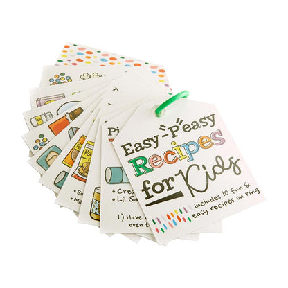 Little Chefs in the Kitchen Easy Peasy Recipe Card Ring, The rainbow-striped window box for the Recipe Card Book, showing the Little Chefs in the Kitchen logo and the Easy-Peasy Recipes for Kids cover card on a green ring through the window.