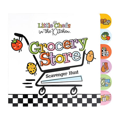 Little Chefs in the Kitchen Grocery Store Scavenger Hunt Board Book, The cover of the Grocery Store Scavenger Hunt board book, showing a shopping cart with three smiling food characters above a black and white checkered band, with six food-picture tabs down the right edge.