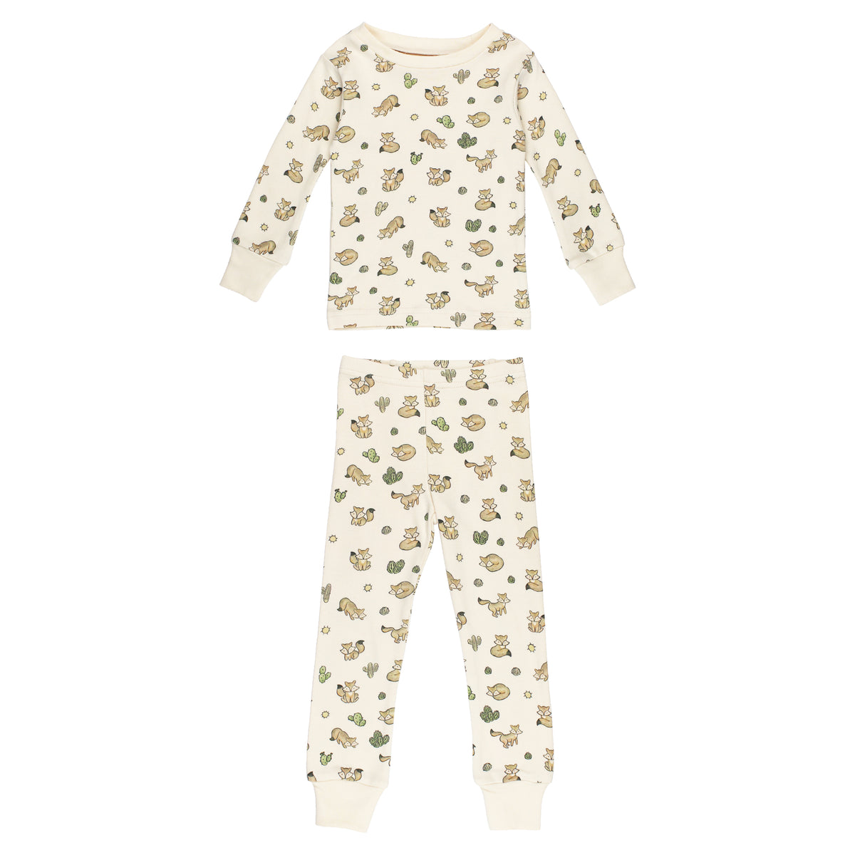 Little Fox Organic Cotton Long Sleeve Pajama Set, A cream long sleeve pajama top and matching pants printed with a small fox and cactus pattern, laid flat.