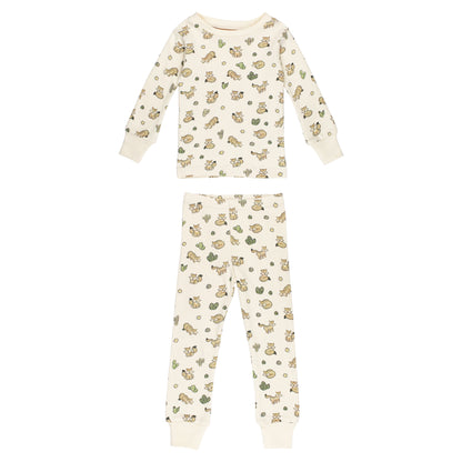 Little Fox Organic Cotton Long Sleeve Pajama Set, A cream long sleeve pajama top and matching pants printed with a small fox and cactus pattern, laid flat.