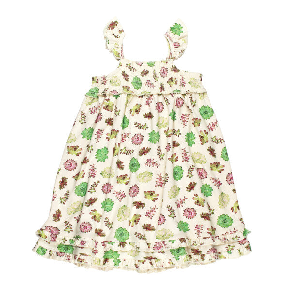 Kids' Organic Smocked Summer Dress, Buttercream Succulents Print, A cream toddler dress with green and pink floral succulent print, flutter sleeve straps, smocked bodice, and a ruffled knee-length skirt.