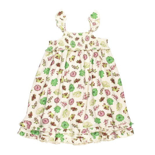 Kids' Organic Smocked Summer Dress, Buttercream Succulents Print, A cream toddler dress with green and pink floral succulent print, flutter sleeve straps, smocked bodice, and a ruffled knee-length skirt.