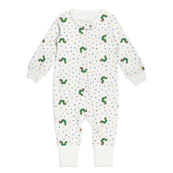 Organic Footless Zipper Romper, Caterpillar Print, A white footless baby romper printed with green caterpillars and multicolor polka dots, with a front zipper and white cuffs.