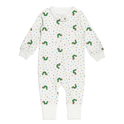Organic Footless Zipper Romper, Caterpillar Print, A white footless baby romper printed with green caterpillars and multicolor polka dots, with a front zipper and white cuffs.