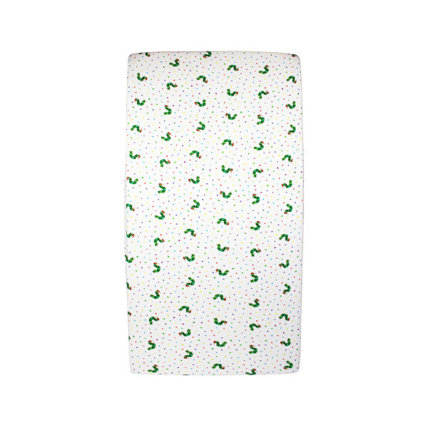 Organic Cotton Crib Sheet, Caterpillar Print, A white fitted crib sheet printed with small green caterpillars and colorful polka dots, shown on a crib mattress.