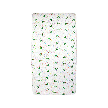 Organic Cotton Crib Sheet, Caterpillar Print, A white fitted crib sheet printed with small green caterpillars and colorful polka dots, shown on a crib mattress.