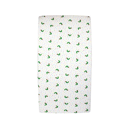 Organic Cotton Crib Sheet, Caterpillar Print, A white fitted crib sheet printed with small green caterpillars and colorful polka dots, shown on a crib mattress.