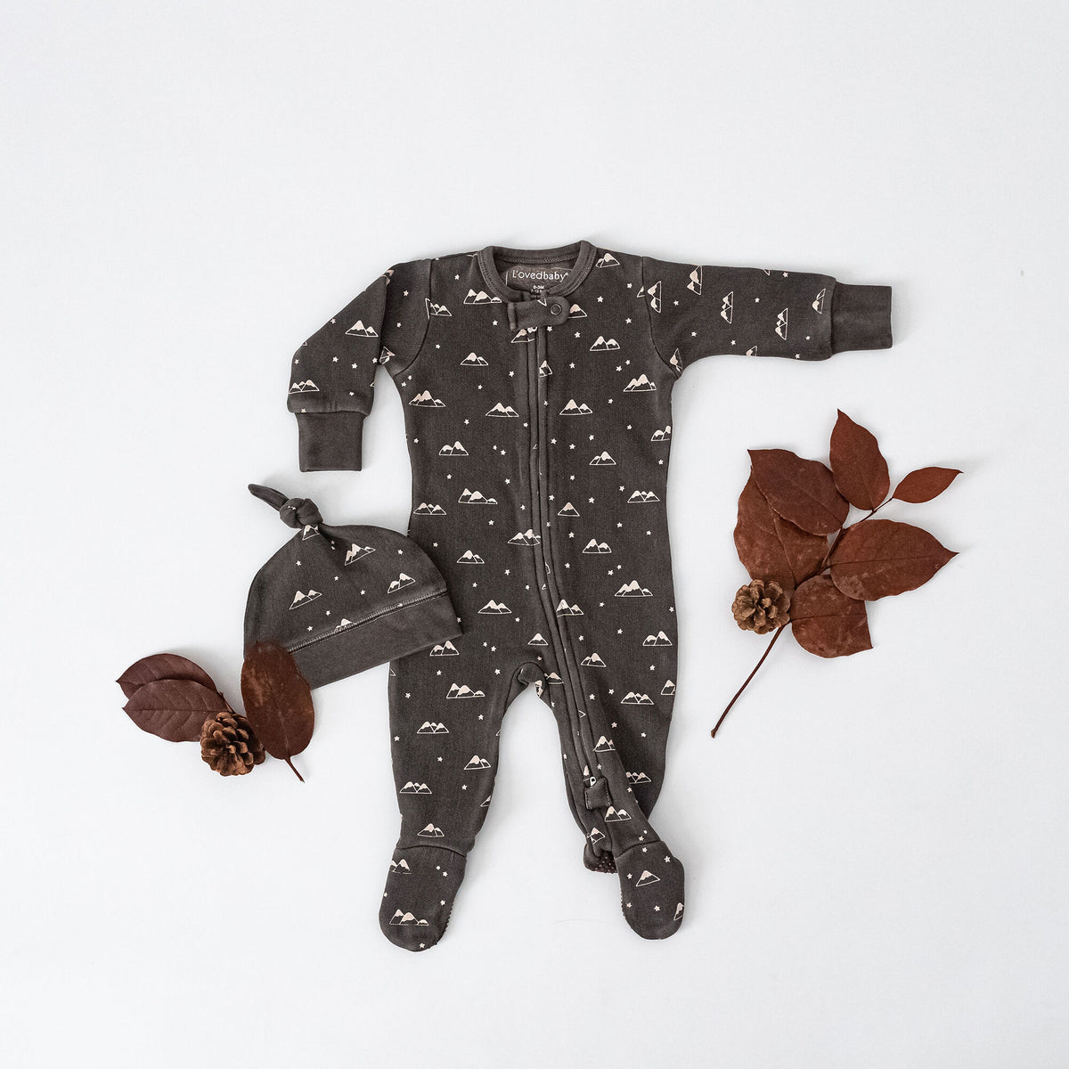 Organic Cozy Top-Knot Hat, Bark Mountains Print, view 3