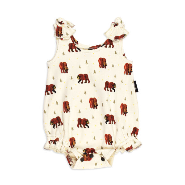 Organic Bowtie Shoulder Bodysuit, Brown Bear Print, A cream baby bodysuit with a brown bear and pine tree print, featuring tied bow shoulder straps and a ruffled leg opening.