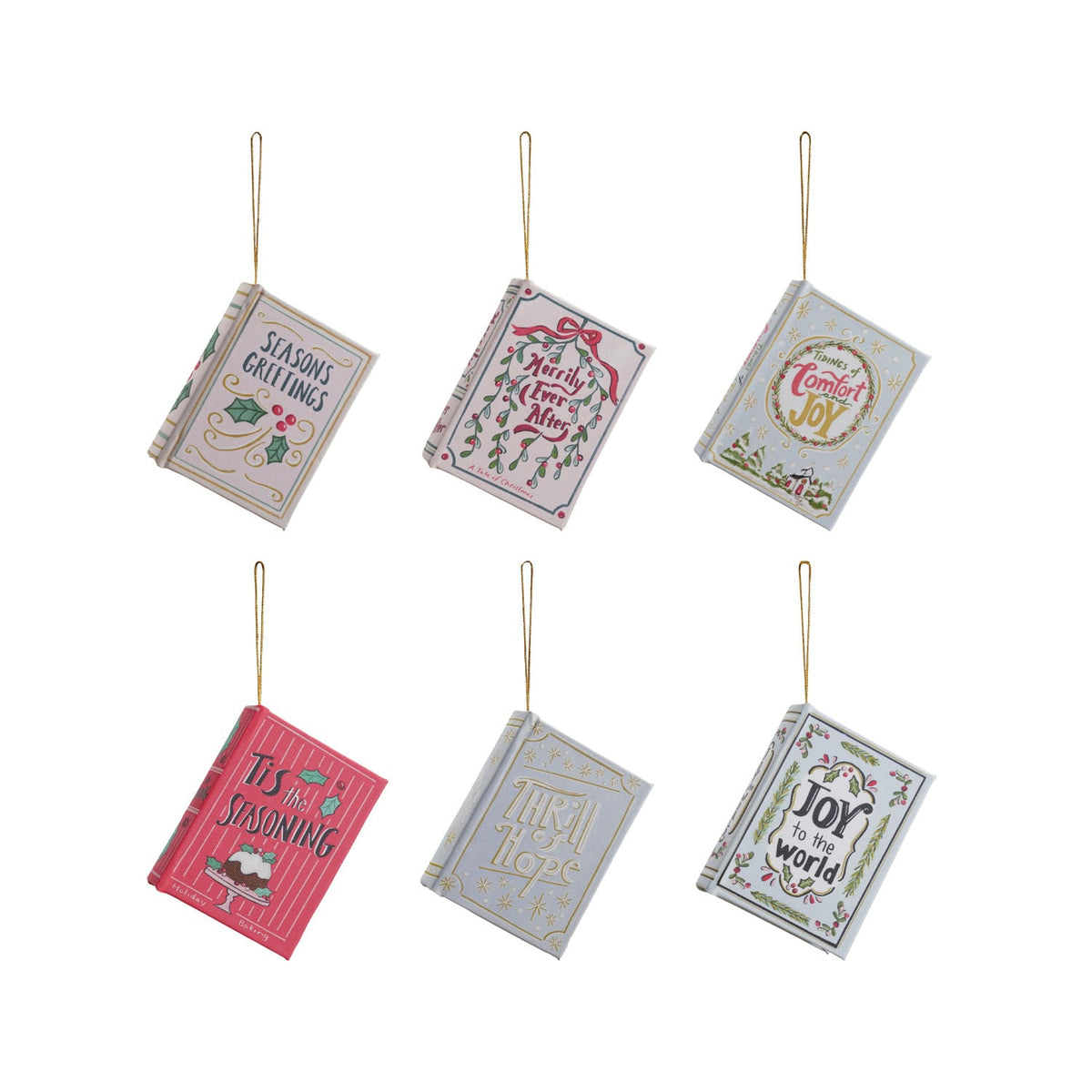 MDF and Canvas Book Ornament, Six miniature book ornaments made of reclaimed wood and canvas, each cover lettered with a different holiday greeting: Seasons Greetings, Merrily Ever After, Tidings of Comfort and Joy, Tis the Seasoning, Thrill of Hope, and Joy to the World.