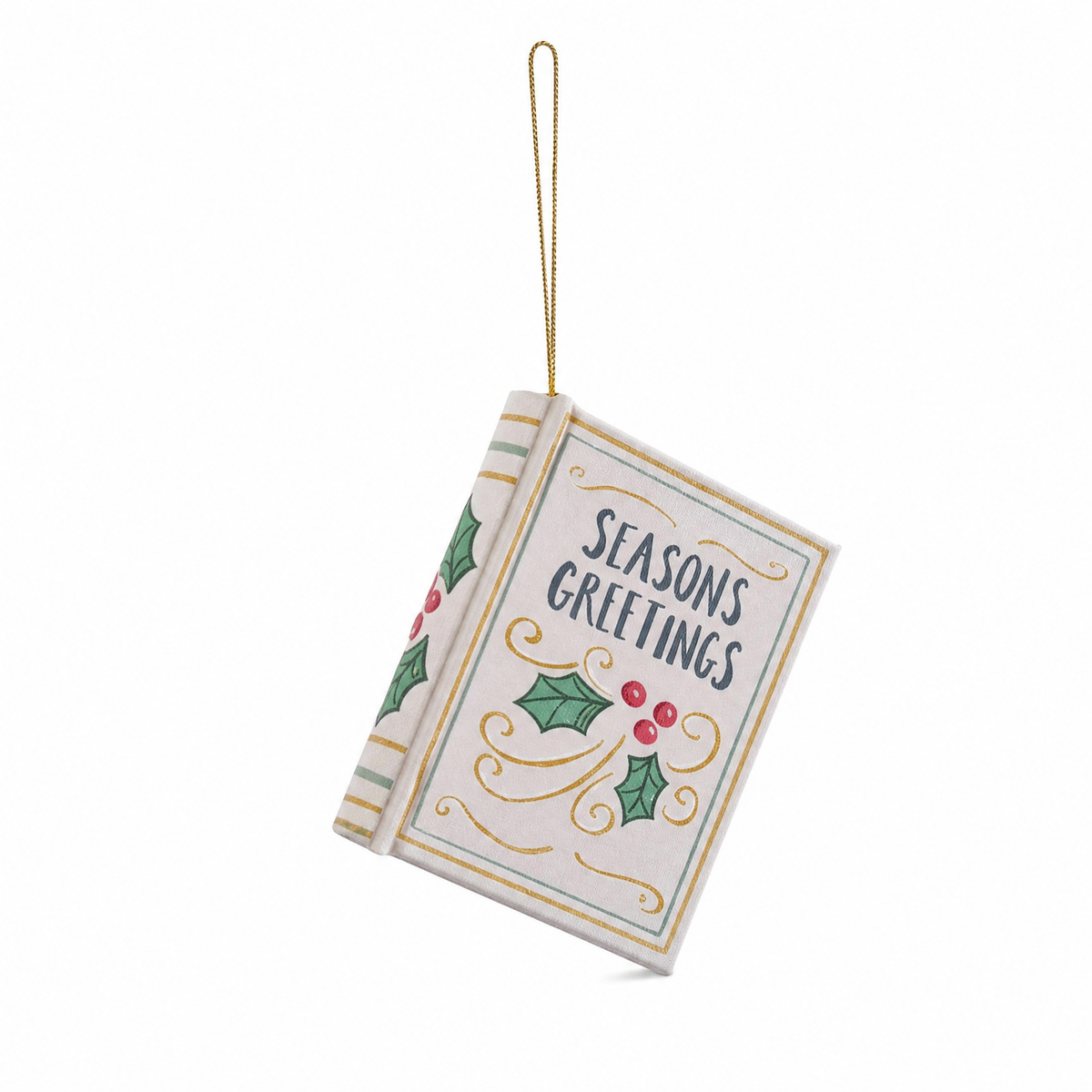 MDF and Canvas Book Ornament, Seasons Greetings design: a cream cover with a holly wreath and gold scrollwork