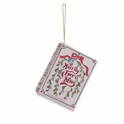 MDF and Canvas Book Ornament, Merrily Ever After design: a blush cover tied with a ribbon