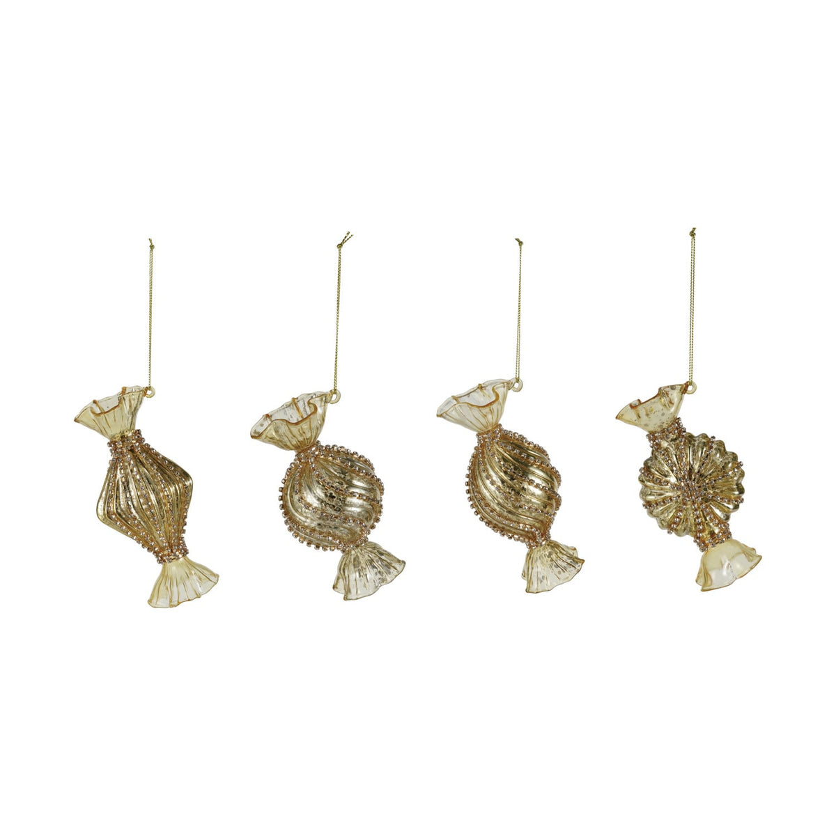 Mercury Glass Candy Ornament with Jewel Accents, Four gold mercury glass candy-shaped ornaments with jewel accents, each in a different twist or ruffle shape.