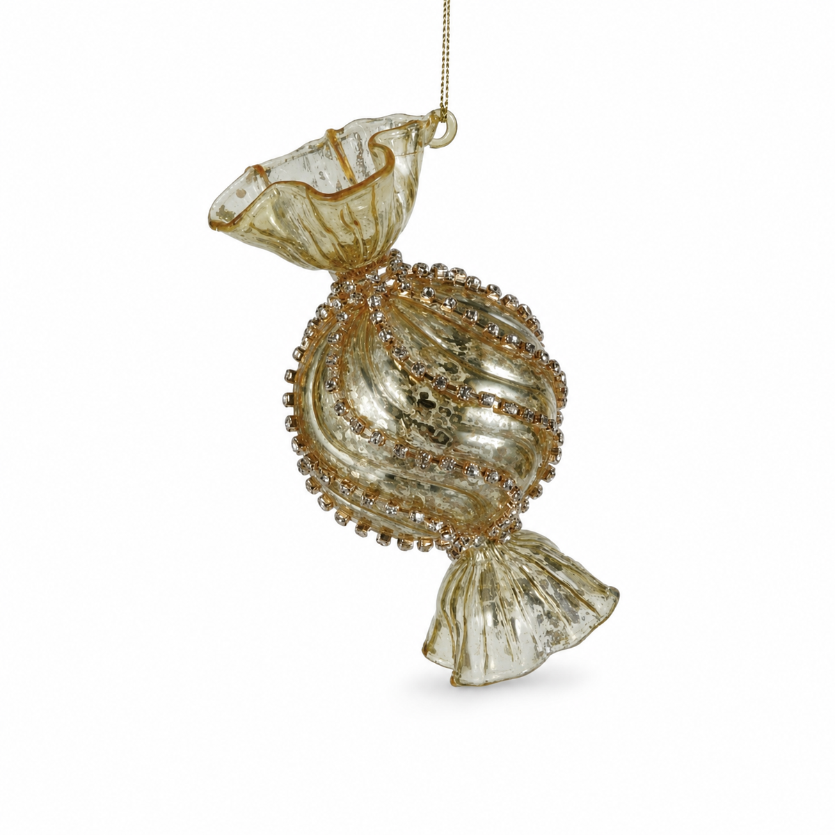 Mercury Glass Candy Ornament with Jewel Accents, Beaded Round design: a round candy shape rimmed in beading