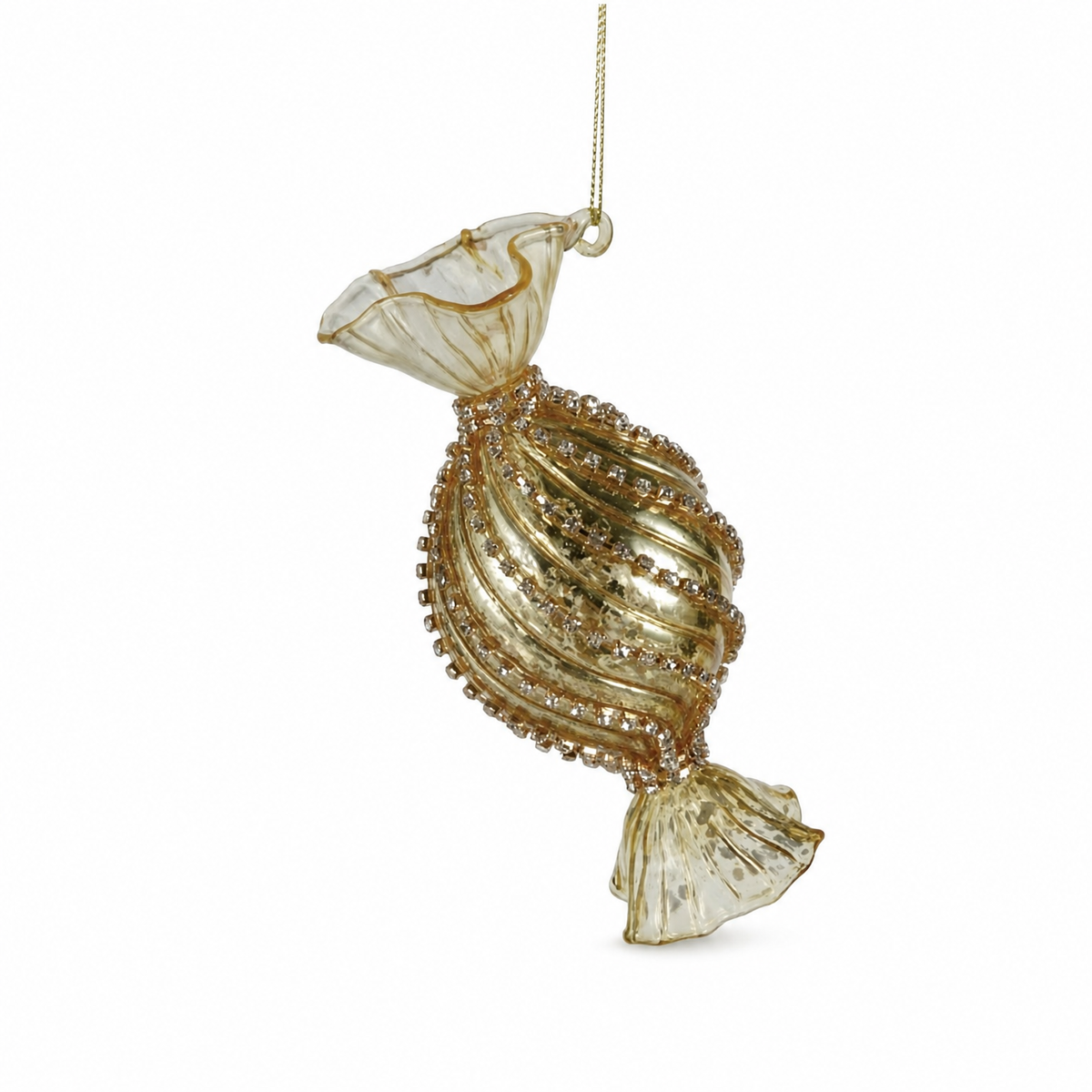 Mercury Glass Candy Ornament with Jewel Accents, Ribbed Swirl design: a fuller candy shape with a ribbed swirl texture
