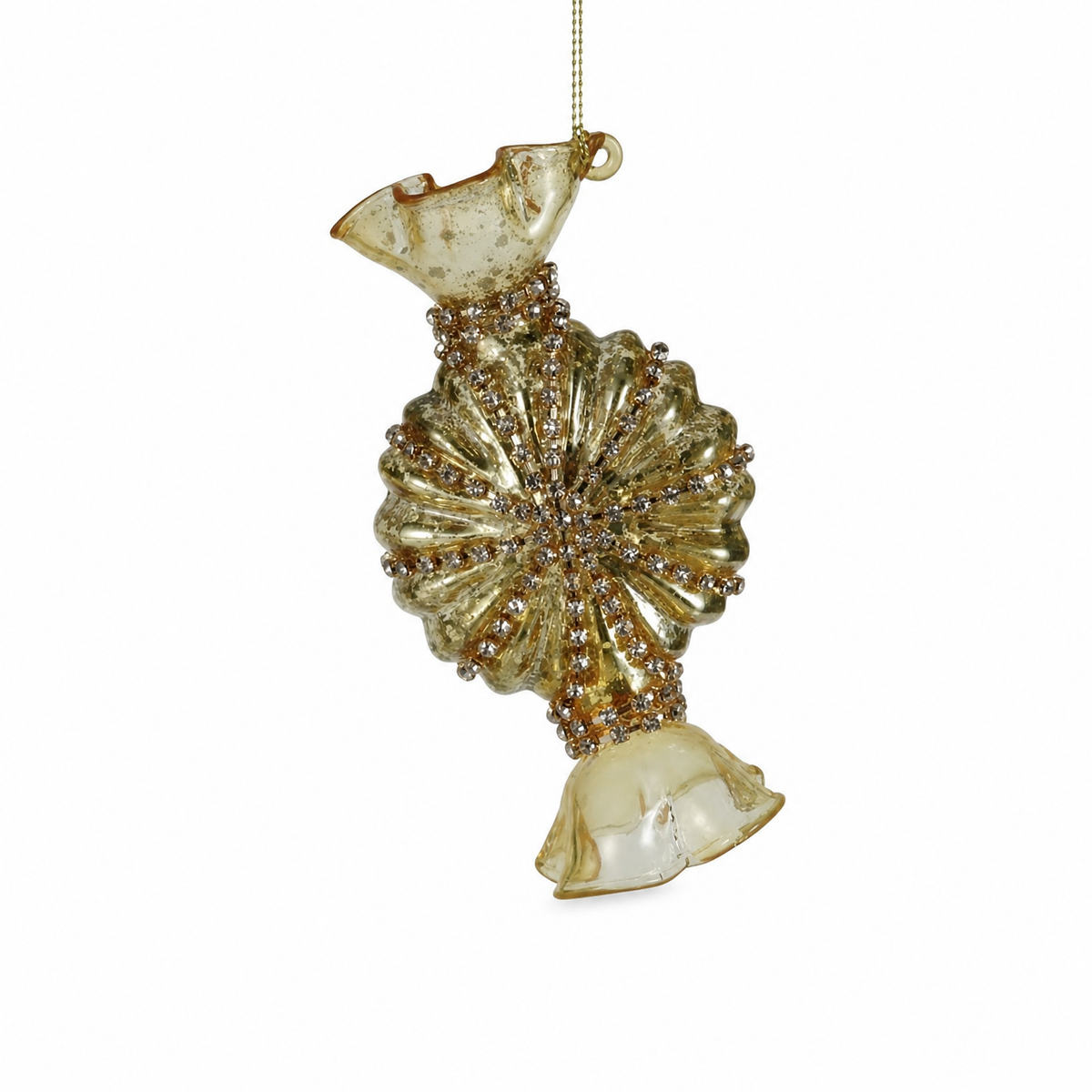 Mercury Glass Candy Ornament with Jewel Accents, Scalloped design: a wide candy shape with a ruffled scalloped edge