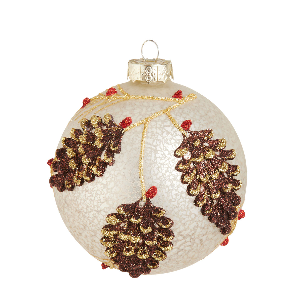 Mercury Glass Pinecone Ball Ornament, A cream, crackled glass ball ornament decorated with three glittered pinecones, gold branch lines and red berry accents.