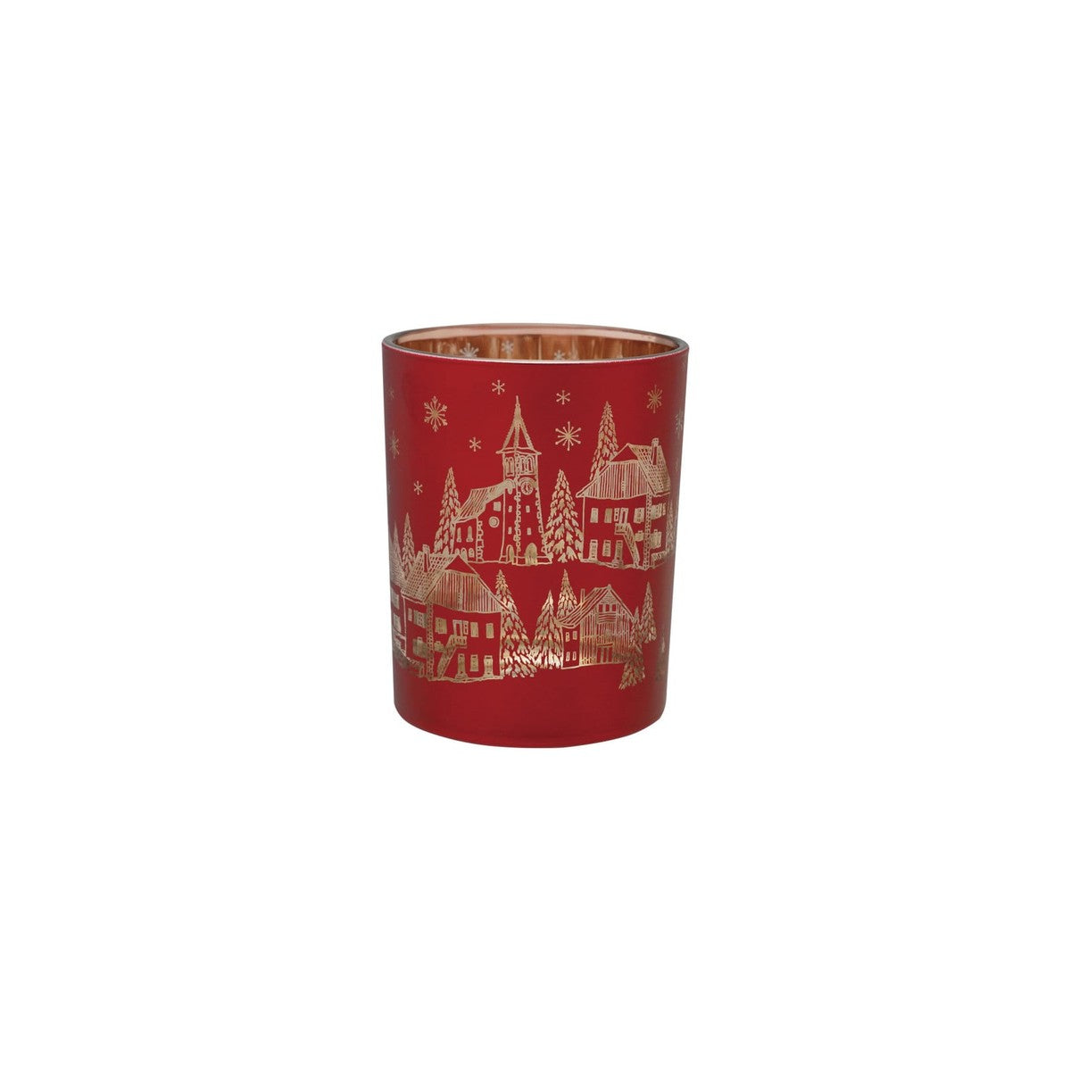 Mercury Glass Votive Holder with Laser Etched Scene, Red and Gold Finish, A red mercury glass votive holder with a laser etched winter village scene in gold, showing a gold interior finish.