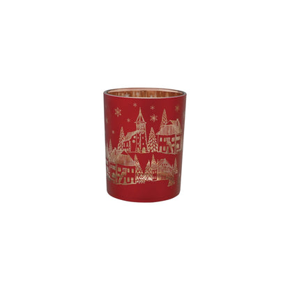 Mercury Glass Votive Holder with Laser Etched Scene, Red and Gold Finish, A red mercury glass votive holder with a laser etched winter village scene in gold, showing a gold interior finish.