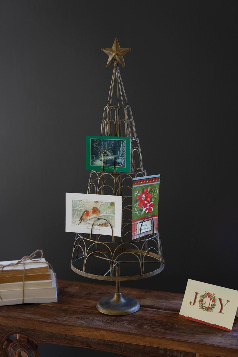 Metal Christmas Tree Card Holder, A tall metal Christmas tree shaped card holder with a star on top and slots along each level.