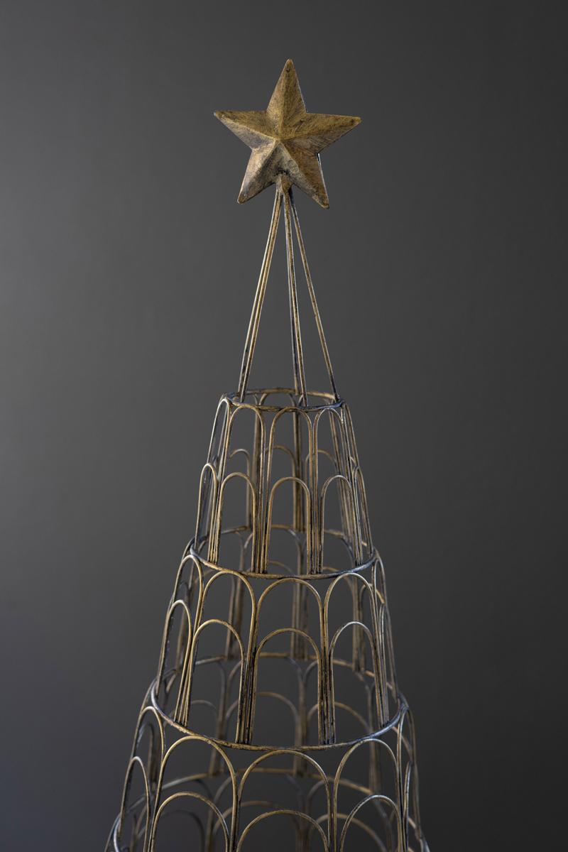 Metal Christmas Tree Card Holder, A tall metal Christmas tree shaped card holder with a star on top and slots along each level.