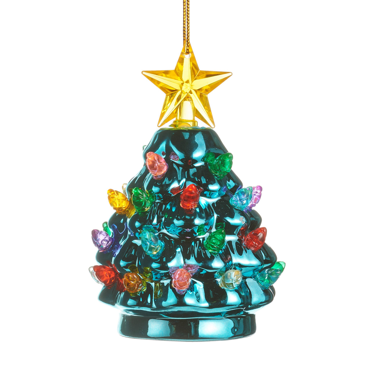 Metallic Blue Tree Lighted Ornament, A small teal blue metallic Christmas tree ornament with a gold star top and multicolor bead lights, hanging from a gold cord.