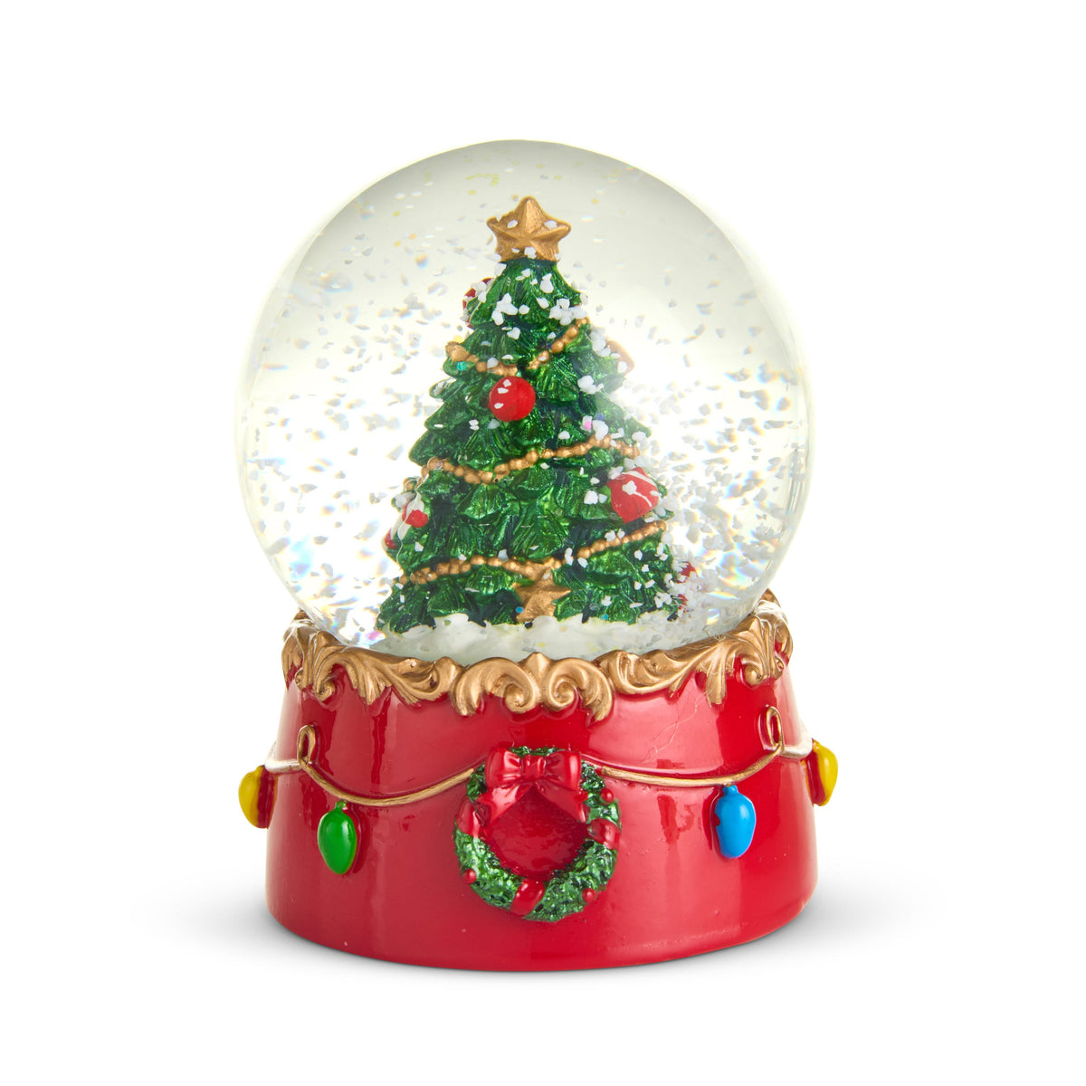 Mini Christmas Tree Snow Globe, A small snow globe with a decorated Christmas tree inside, on a red base with gold scrollwork, a wreath and colored bulbs.