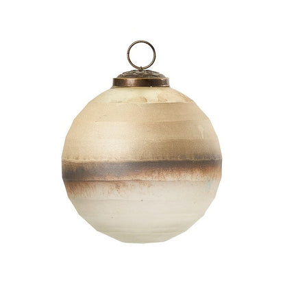 Mist Frosted Glass Ball Ornament, a faded white glass ball ornament with a smoky taupe and gold horizontal band, an antique brass cap, and a hanging ring at the top, shown against a plain white background.