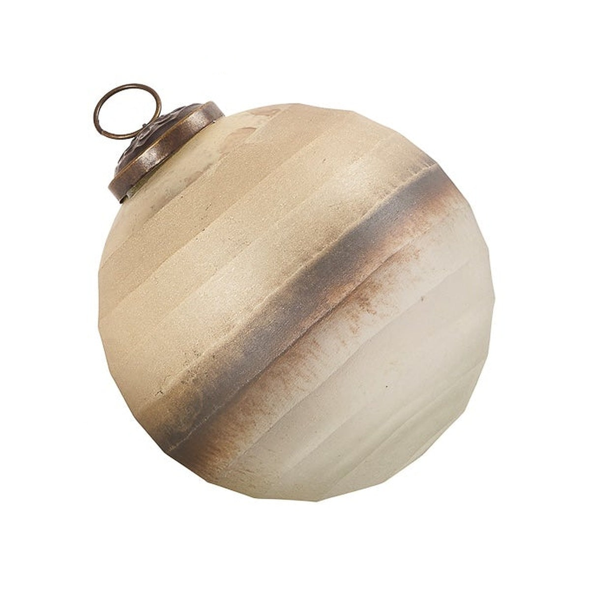 Mist Frosted Glass Ball Ornament, a faded white glass ball ornament with a smoky taupe and gold horizontal band, an antique brass cap, and a hanging ring at the top, shown against a plain white background.