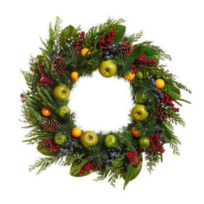 Mixed Fruit Wreath, The photo shows a round wreath of mixed greenery, pinecones, red berries, and faux green apples and oranges.