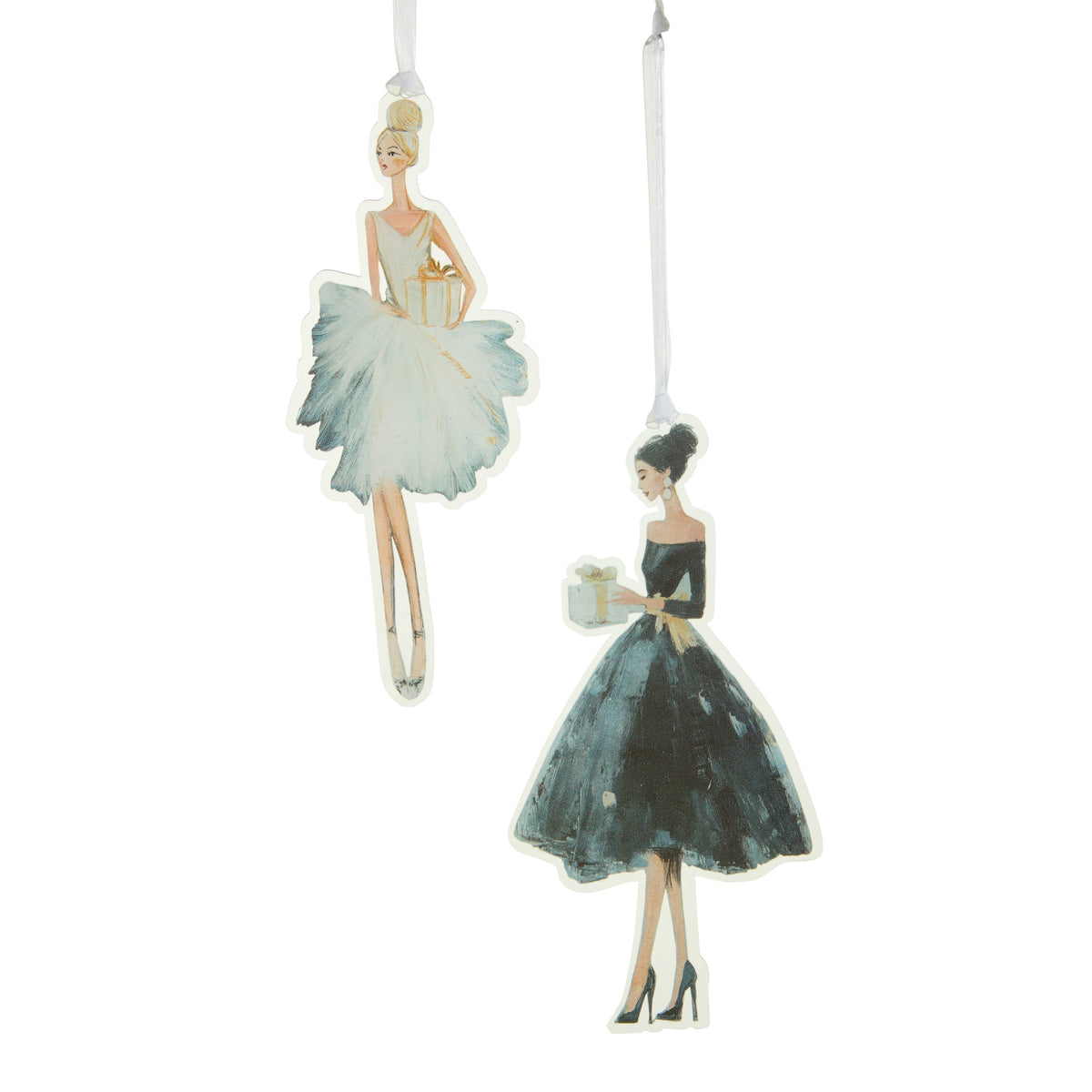 Moonlight Fashion Illustration Acrylic Ornament, Two flat illustrated acrylic ornaments, one of a blonde woman in a white dress with a feathery skirt holding a gift and one of a dark-haired woman in a black dress holding a gift.