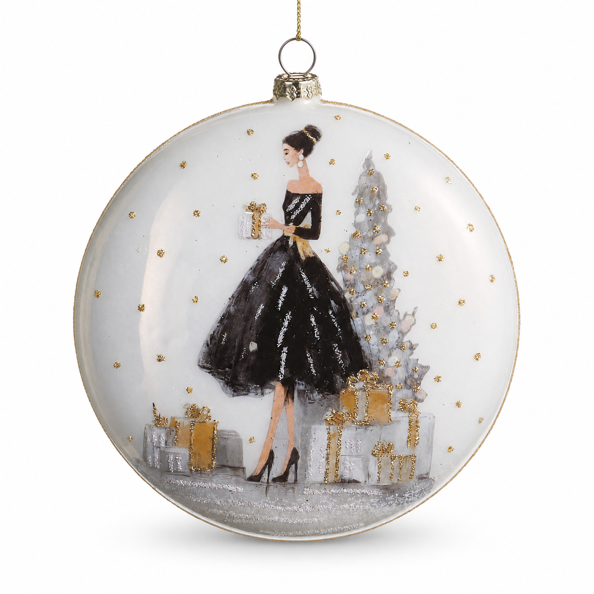 Moonlit Gala Glass Disc Ornament, Lady in Black design