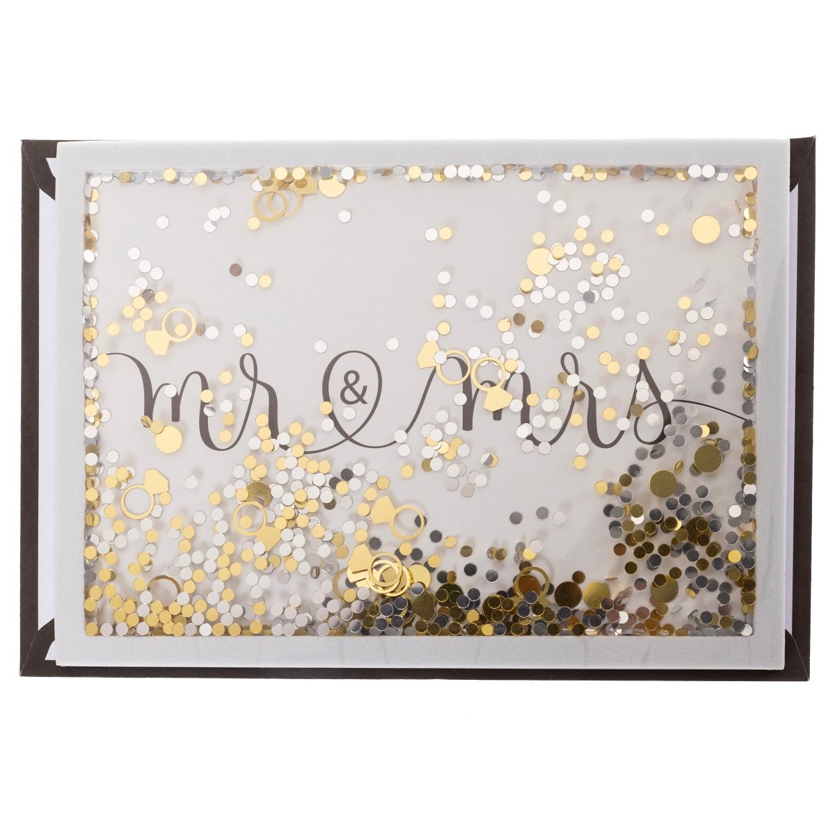 Mr. and Mrs. Wedding Handmade Card, A white card reading mr & mrs in black script behind a gold and silver confetti shaker with gold ring shapes, shown with its envelope.