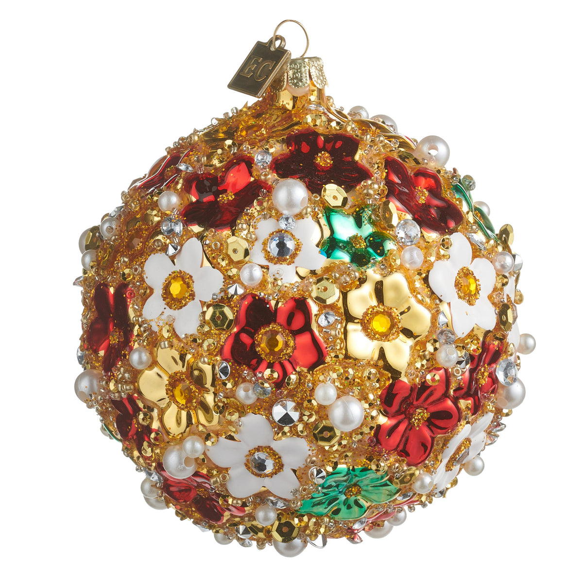 Multicolor Blossom Ball Ornament, A round glass ornament covered in dimensional red, gold, green and white flowers with pearls and rhinestones.