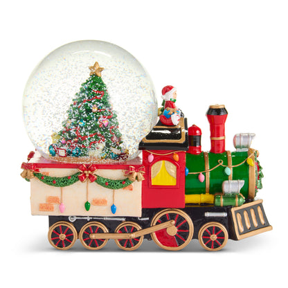 Musical Christmas Train Water Globe, Steam locomotive water globe with a decorated tree inside the globe, colored bulbs on the green boiler and a figure in a Santa hat on the roof.