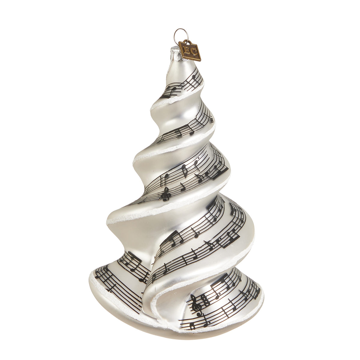 Musical Spiral Tree Ornament, A silvery white glass spiral tree ornament wrapped in a printed pattern of musical notes and staff lines.