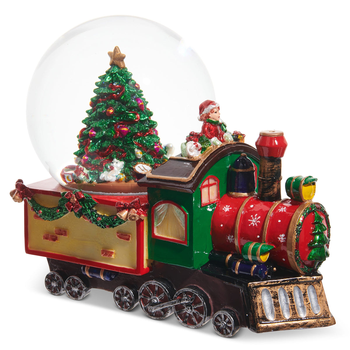 Musical Train Water Globe, A resin toy train with a glass snow globe dome holding a Christmas tree scene.