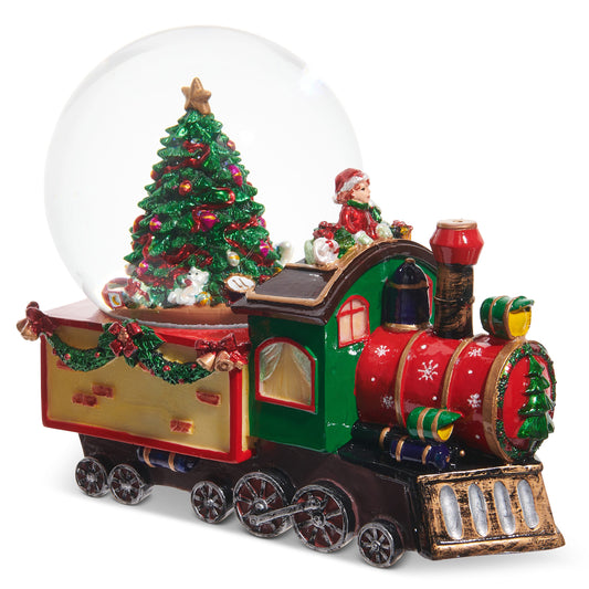 Musical Train Water Globe, A resin toy train with a glass snow globe dome holding a Christmas tree scene.