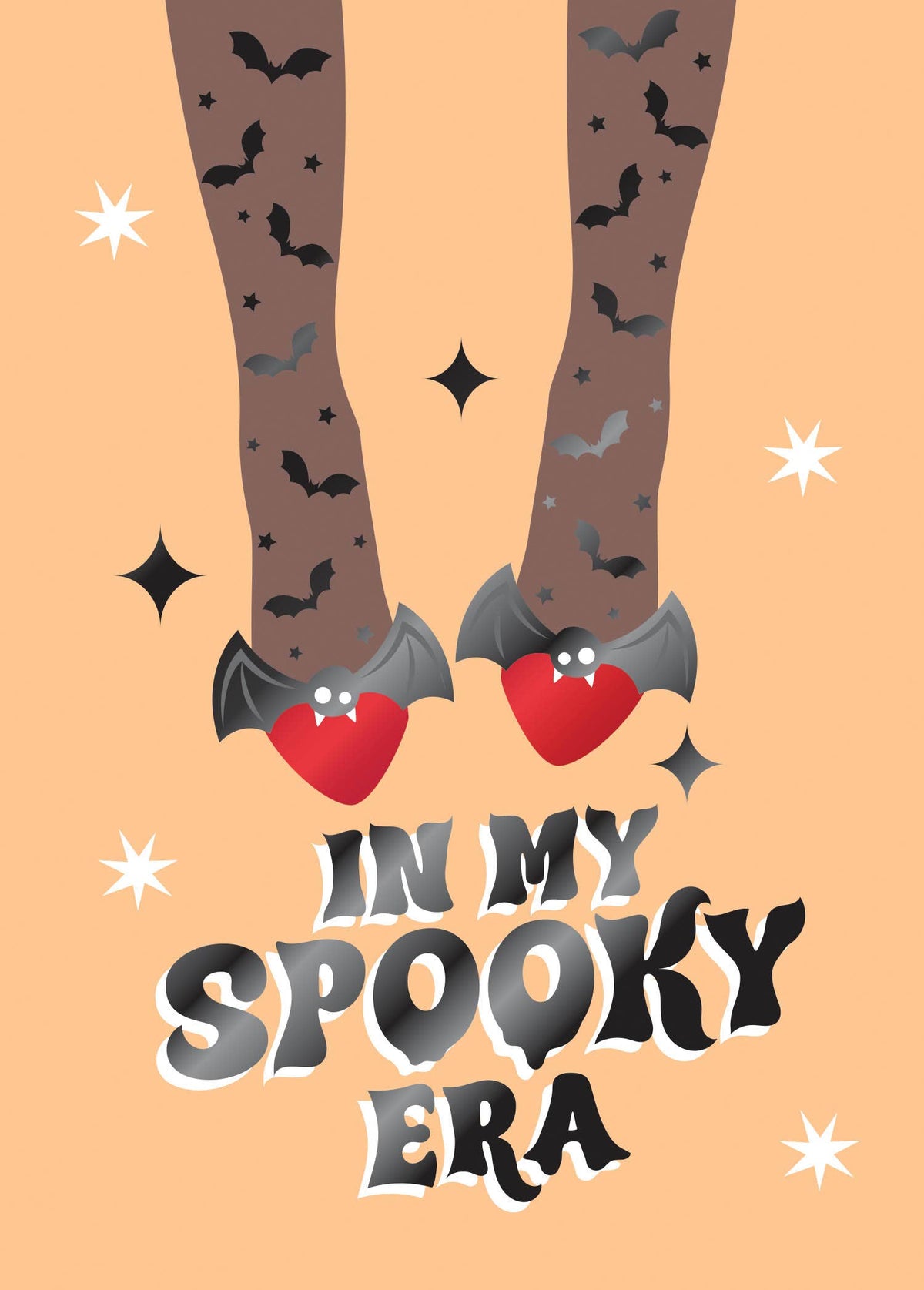 My Spooky Era Greeting Card, Front of the card showing legs in bat-and-star tights and red heart-shaped bat shoes on a peach ground above the words IN MY SPOOKY ERA.