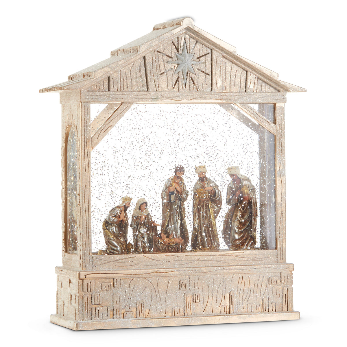 Nativity Musical Lighted Water Creche, A nativity water lantern in a wood-look stable frame with swirling glitter around the Holy Family and the three wise men figures.