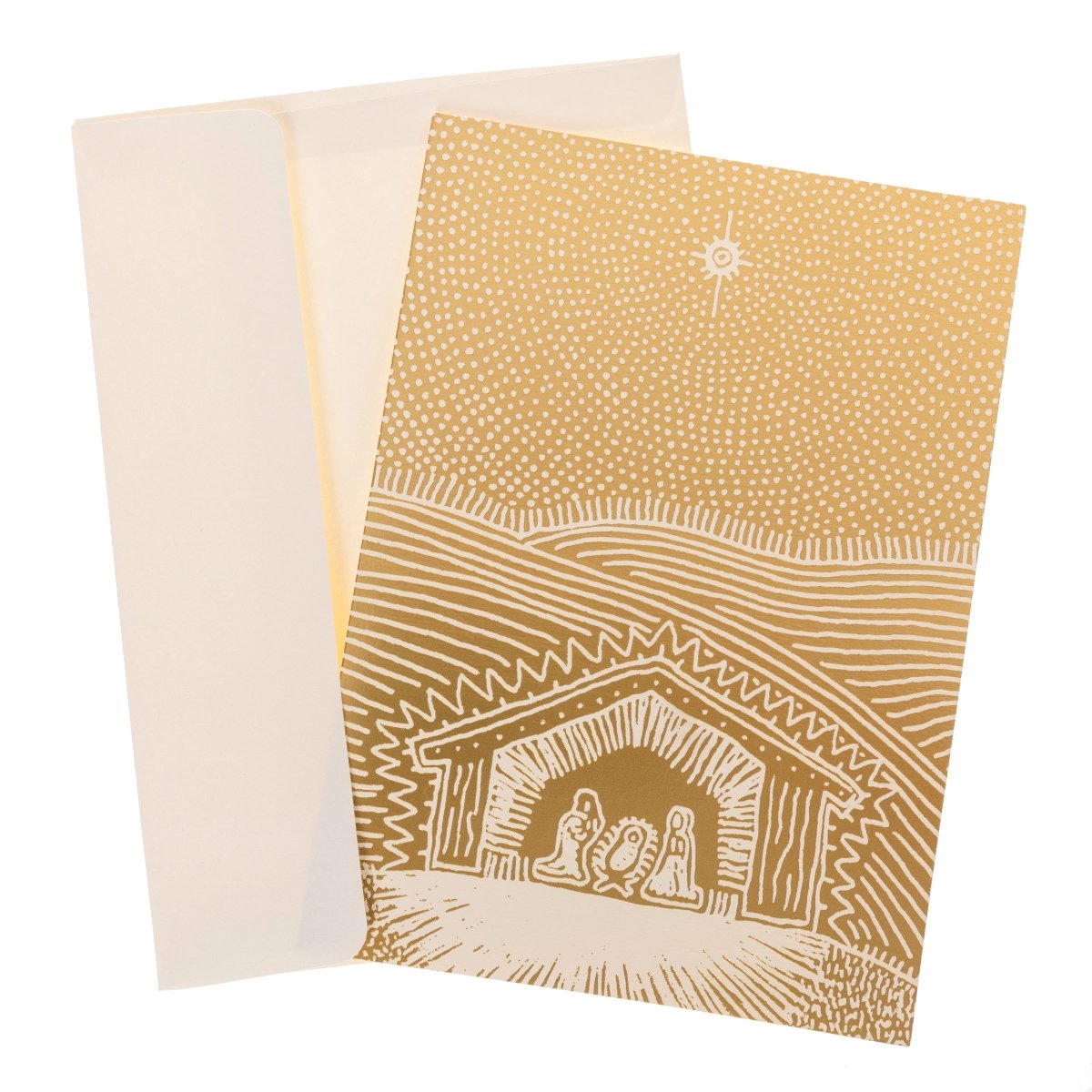 Gold Nativity Stable Holiday Cards, Box of 15, A box of cream Christmas cards printed with a gold foil nativity stable scene under a star.