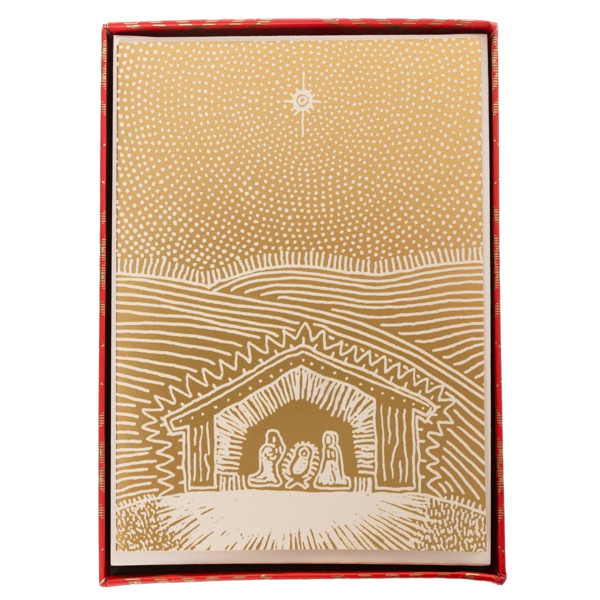 Gold Nativity Stable Holiday Cards, Box of 15, A box of cream Christmas cards printed with a gold foil nativity stable scene under a star.