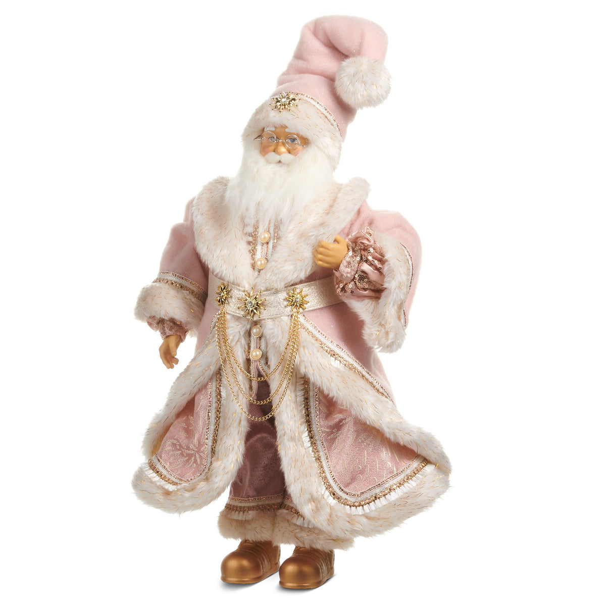 Nutcracker Suite Santa Figure in Light Pink, A standing Santa figure in a light pink coat and cap trimmed in ivory plush, with wire-rimmed glasses, gold chain swags at the waist and gold boots.
