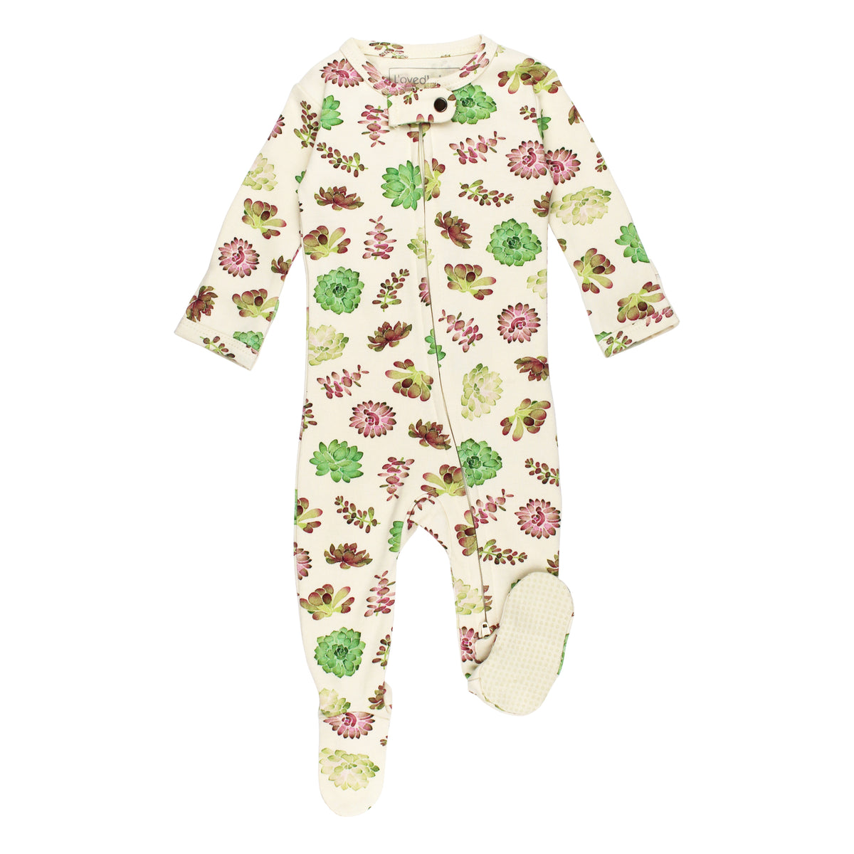 Organic Cotton 2-Way Zipper Footie, Buttercream Succulents Print, A cream colored baby footie pajama printed with green and pink watercolor succulents, featuring a front zipper and footed legs.