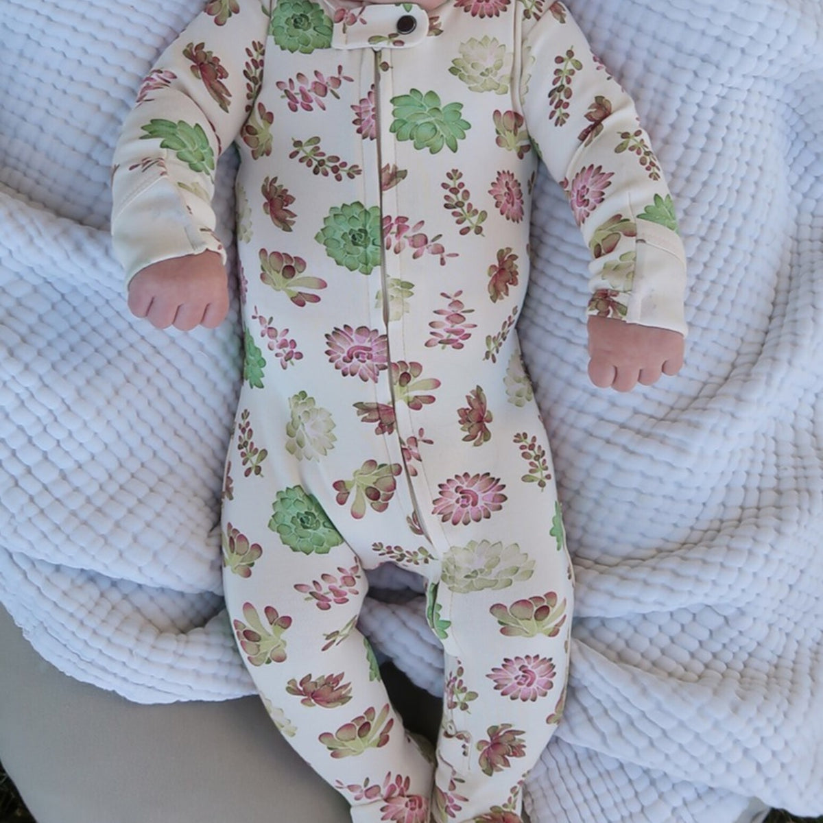 Organic Cotton 2-Way Zipper Footie, Buttercream Succulents Print, view 3