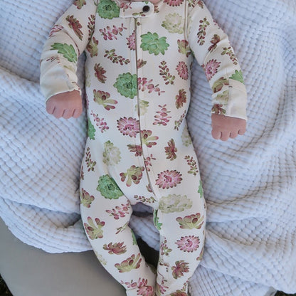 Organic Cotton 2-Way Zipper Footie, Buttercream Succulents Print, view 3