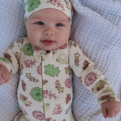 Organic Cotton 2-Way Zipper Footie, Buttercream Succulents Print, view 4