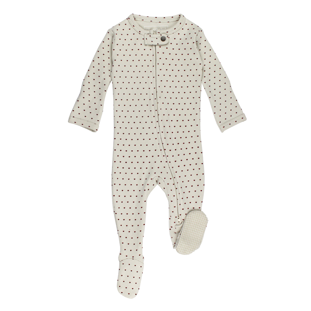 Organic 2-Way Zipper Footie, Crimson Mini Hearts, A cream colored baby footie with tiny crimson heart print, a front zipper, and non-slip fabric grips on the feet.