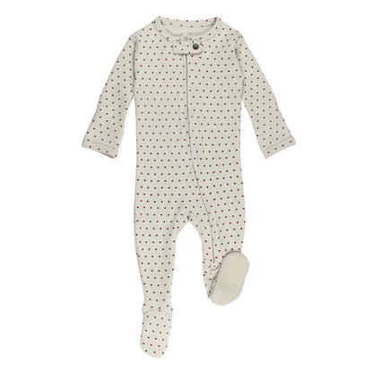 Organic 2-Way Zipper Footie, Crimson Mini Hearts, A cream colored baby footie with tiny crimson heart print, a front zipper, and non-slip fabric grips on the feet.