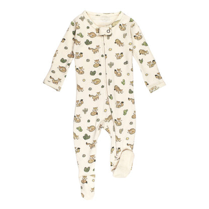 Organic 2-Way Zipper Footie, Little Fox Print, A cream colored baby footie with a fox and cactus print, long sleeves, footed legs, and a front zipper closure.